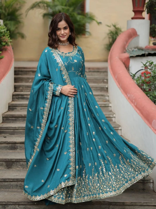 Stunning Rama Color Chinon Designer Embroidered Salwar Suit