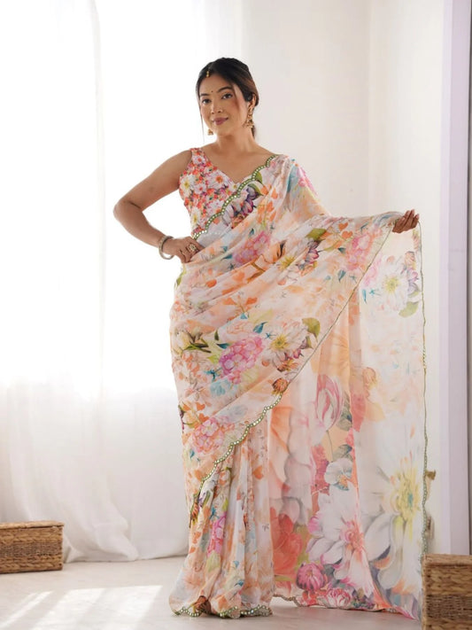 Attractive Floral Chinon Saree with Traditional Kutchi Mirror Lace & Matching Blouse Ethnic Designer Wear from Surat