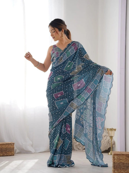 Dark Blue Heavy Chinon Digital Print Saree with Mirror Lace Border Online Exclusive Designer Collection