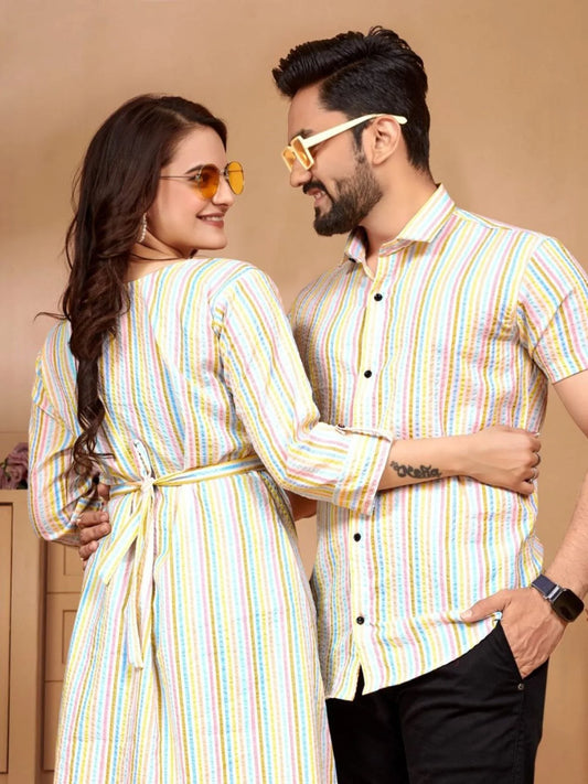 Festival Couple Combo Shirt and Tunic With Beautiful Color and Cotton Bubble Pattern Weaving