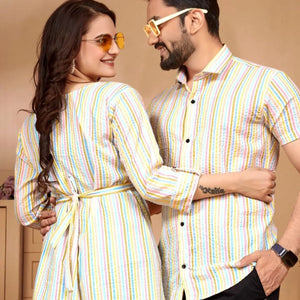 Festival Couple Combo Shirt and Tunic With Beautiful Color and Cotton Bubble Pattern Weaving