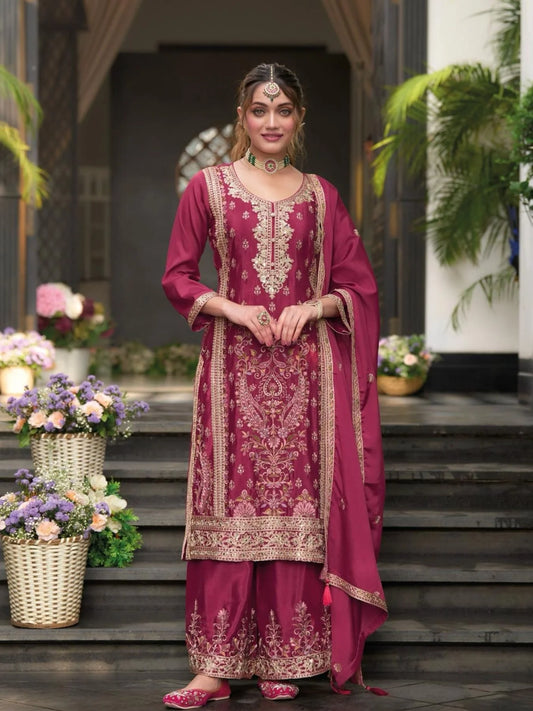 Pakistani Embroidered Chinon Suit Stitched Pink Salwar Kameez Ready to Wear Wholesale Price