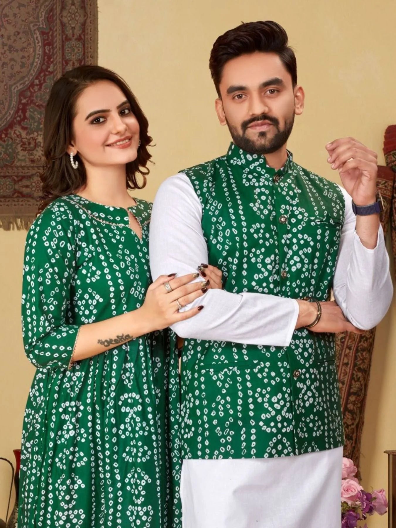 Festivals And Special Occasions Couple Combo Bandhni Print