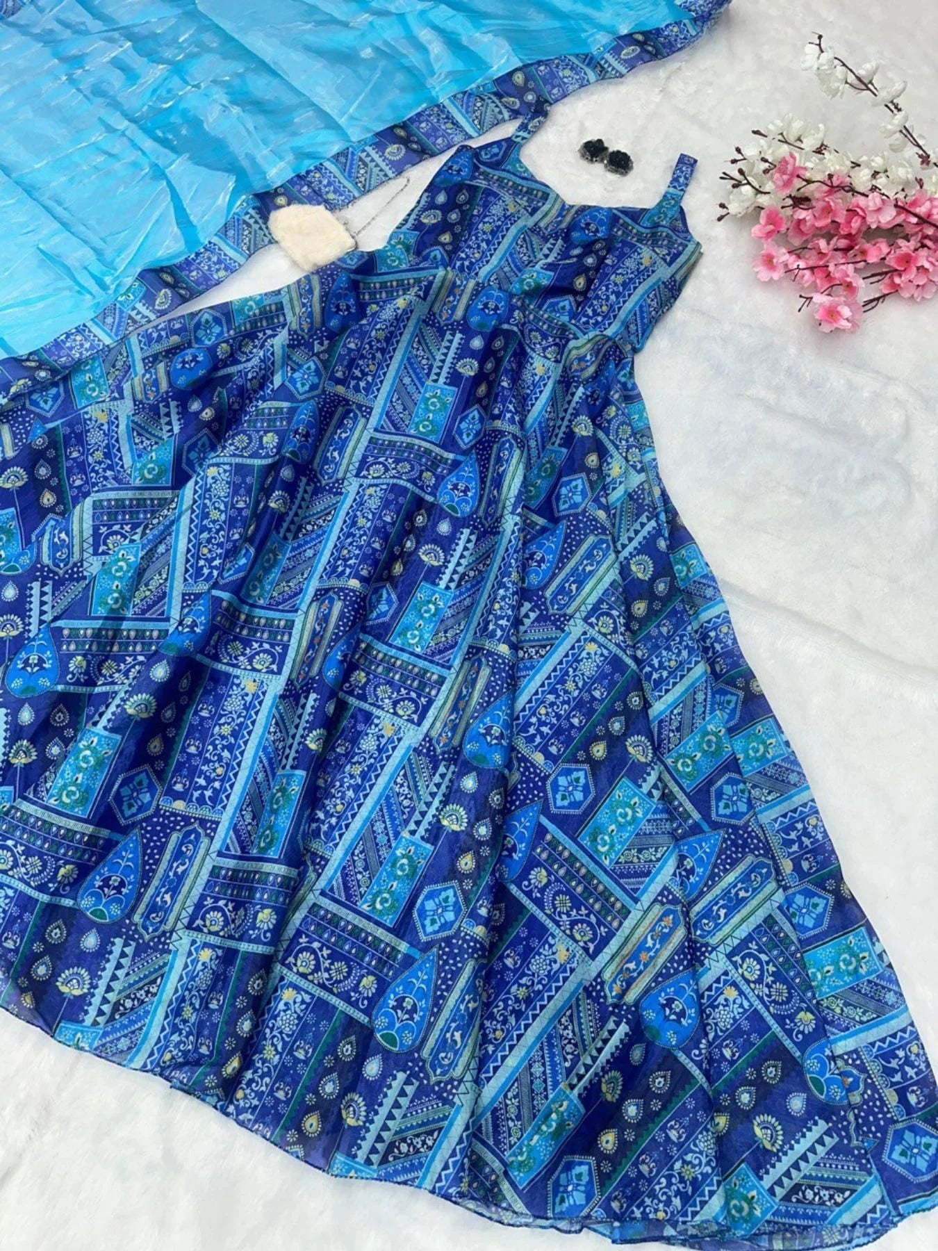 Pure Jimmy Blue Color Organza silk digital Printed Padded Gown in with Duppta