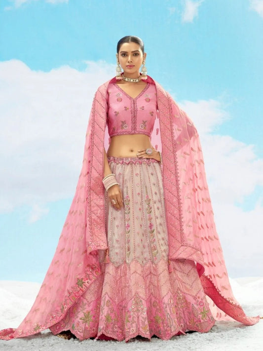 Soft Pink & Gold Heavy Embroidery Designer Silk Lehenga Choli with Wholesale rate