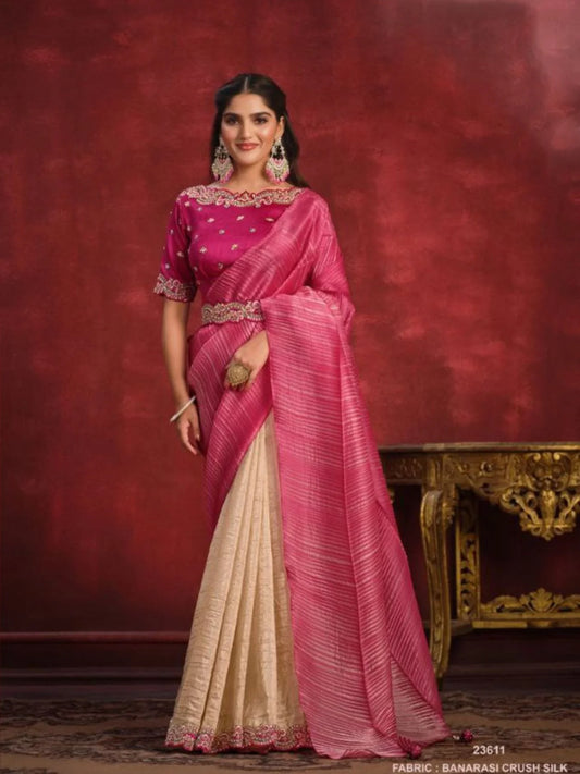 Banarasi Crush Silk Sequence Thread Work Bollywood Saree With Texture Pallu