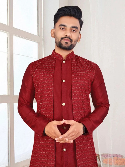 Unmatched Men's Kurta with Attached Koti - Traditional Bangalori Silk with Semi-Cotton Pyjama