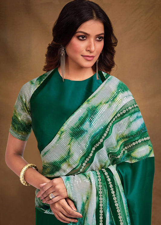 Heavy Designer Satin Crepe Wedding Party Wear Saree At Lowest Price
