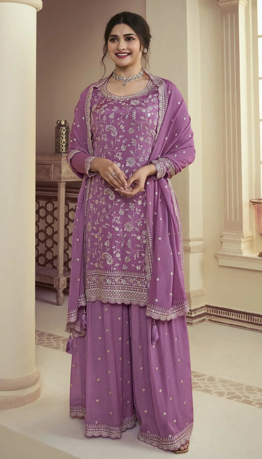 Beautiful Chinon Embroidered Work Sharara Suits Collection