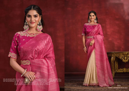 Banarasi Crush Silk Sequence Thread Work Bollywood Saree With Texture Pallu