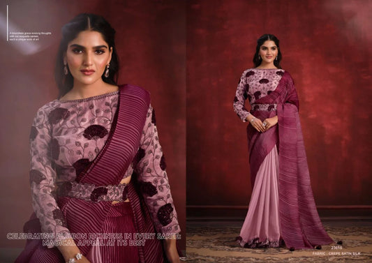 Sequence With Thread Work Crepe Silk Georgette Party Wear Saree With Belt In Wholesale Price