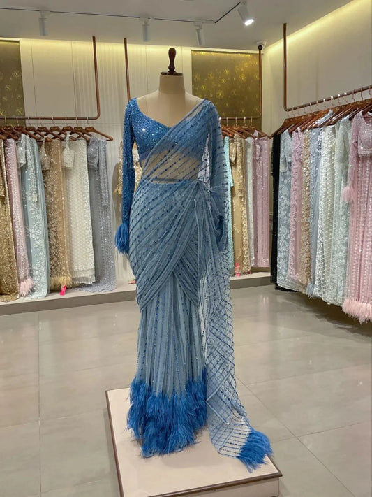 Royal Export Elegant Blue Embroidered Saree New Bollywood Blockbuster Sequin Design