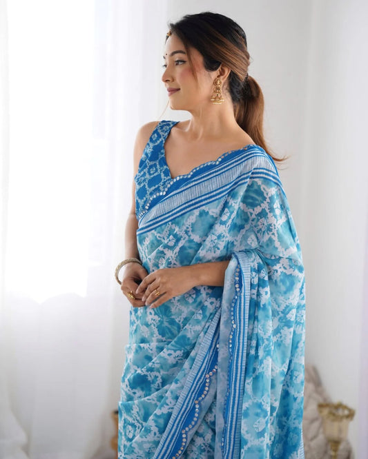 Chinon Mirror Work Saree with Kutchi Lace Party Wear Saree for Women Wholesale Deal