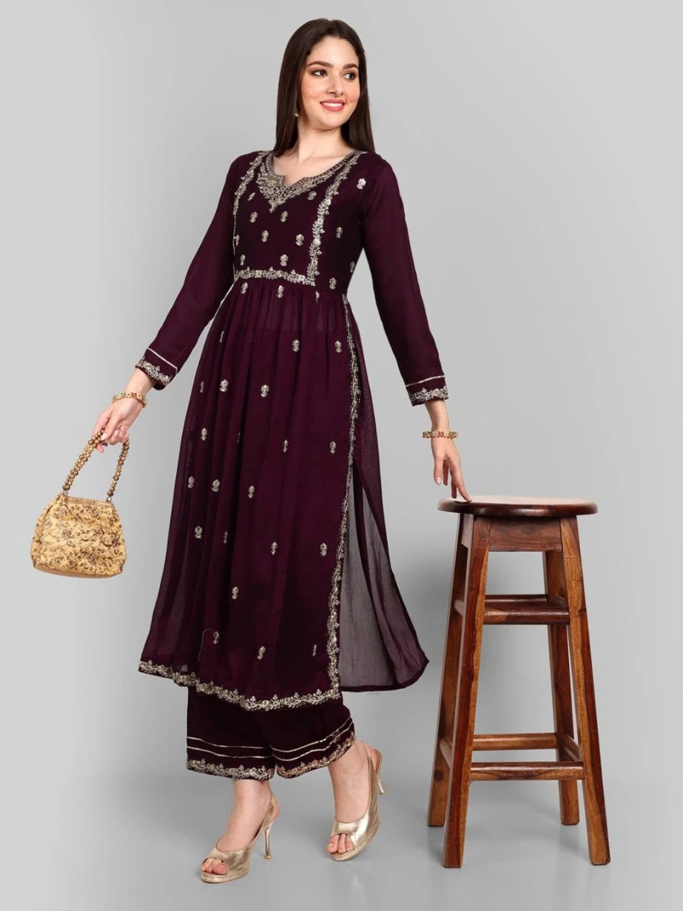 Perfect Women Vichitra Silk Embroidery Kurti Pant Set
