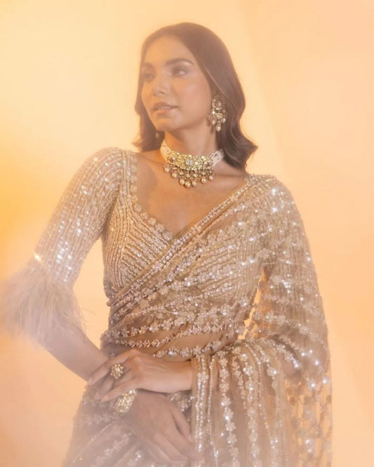 Beautiful fancy Sequance Embroidery Work With Feather Lace In Pallu Border Saree