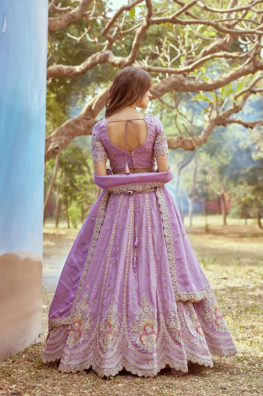 Luxury Heavy Bridal Tissue Lehenga Lavender Gold Multi Embroidery Cream Crush Moti Dupatta Surat Export Design Trendy Collection for Dealers