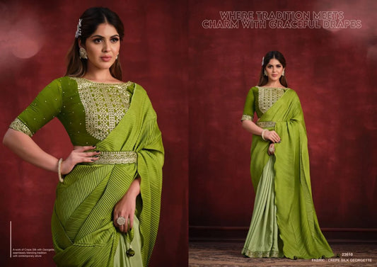 Crepe Silk Georgette Zari And Stone Work Fancy Party Wear Saree With Belt