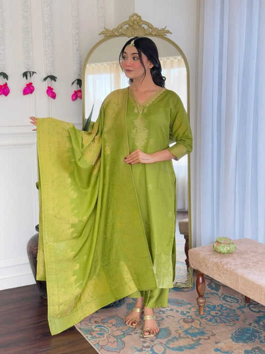 Top Selling Party Wear 3 Piece Suit Embroidered Viscose Jacquard Kurti with Dupatta Best Rates for India Suppliers