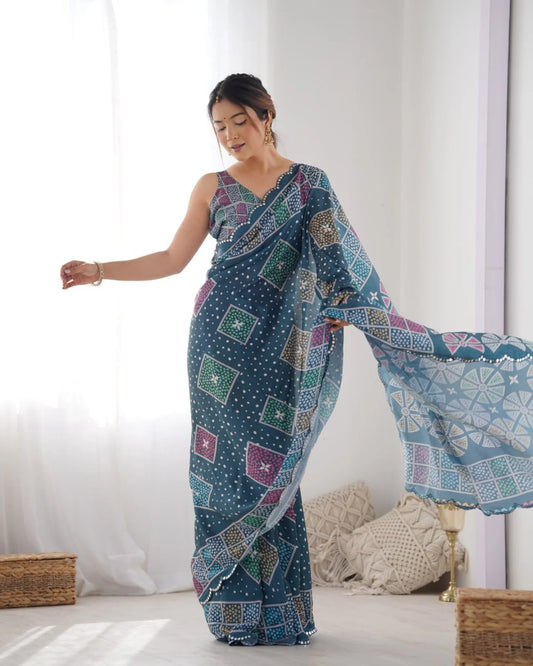 Dark Blue Heavy Chinon Digital Print Saree with Mirror Lace Border Online Exclusive Designer Collection