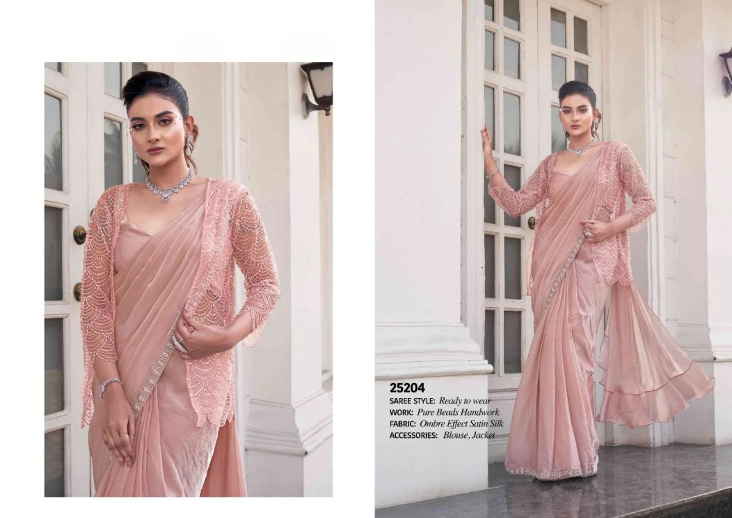 Elegantly Crafted Heavy Beadwork Satin Silk Ombre Saree with Designer Jacket for Weddings Parties