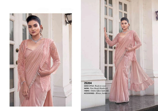 Elegantly Crafted Heavy Beadwork Satin Silk Ombre Saree with Designer Jacket for Weddings Parties