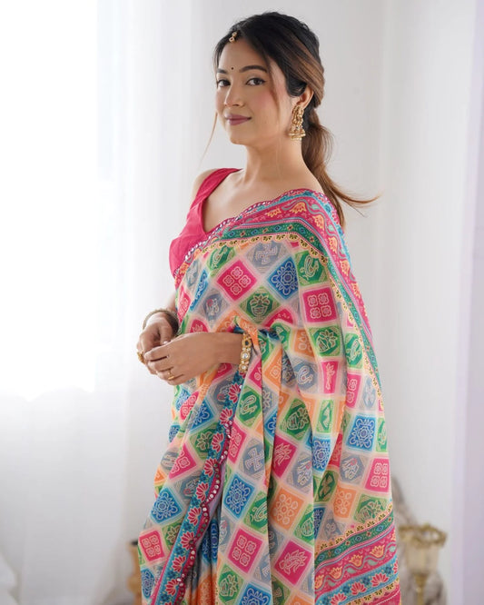 Multi-Color Printed Chinon Saree with Designer Mirror Lace Surat-Based Supplier Buy Now at Best Price