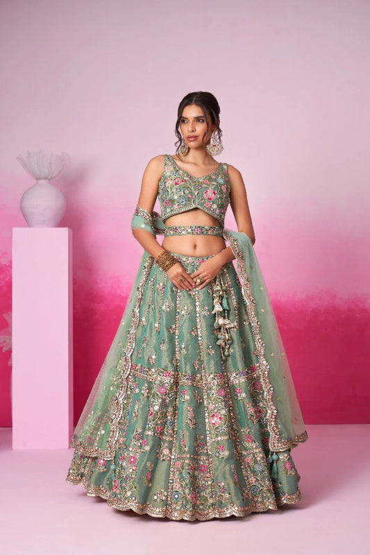 Trendy Pretty Women Bridal Leheng Set Green Color Lehenga With Embroidery Work & Mirror Work