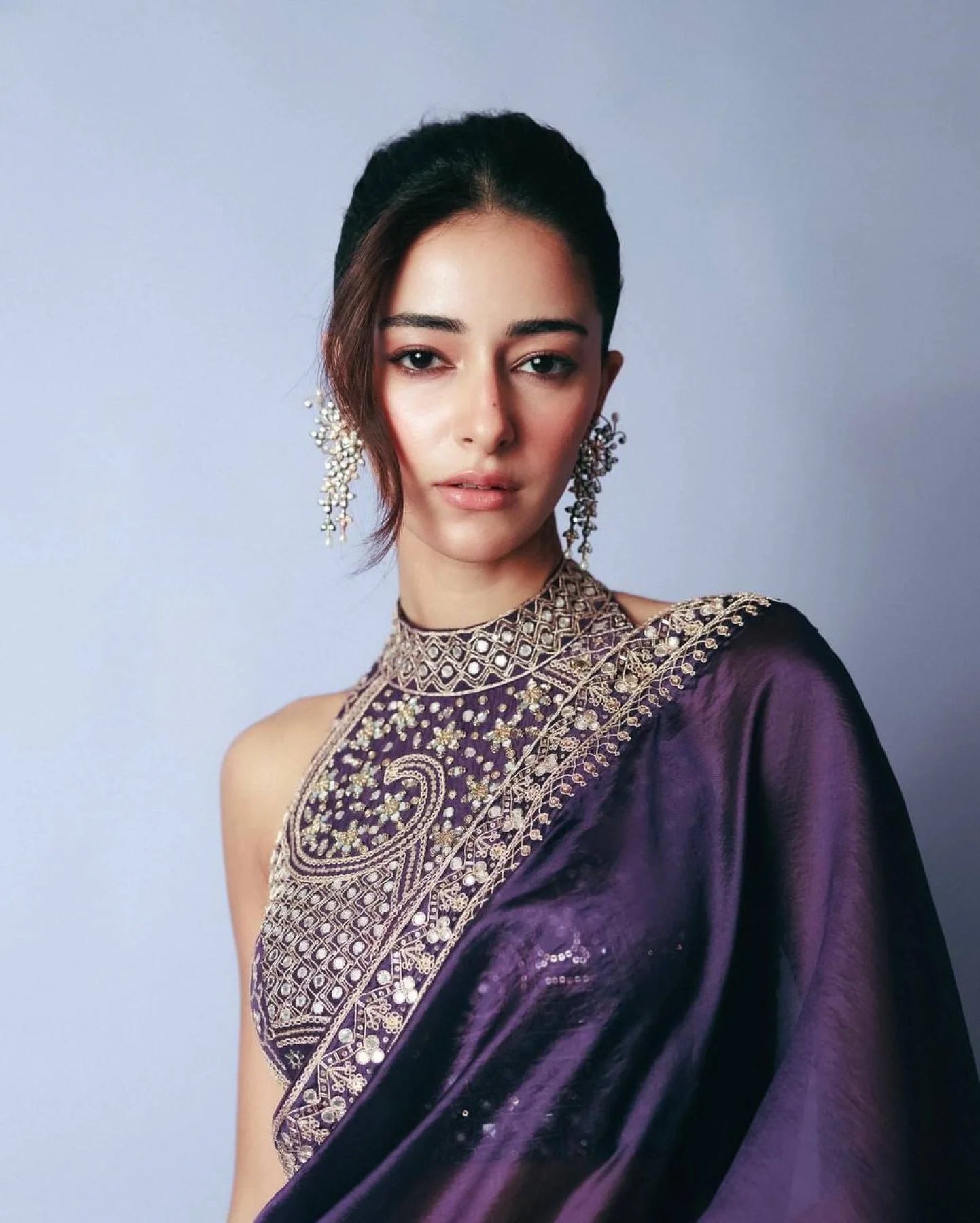 ananya Bollywood Celebrity Purple Saree Partywear in Jimmi Choo Fabric with Starry Sequins Wholesale Price