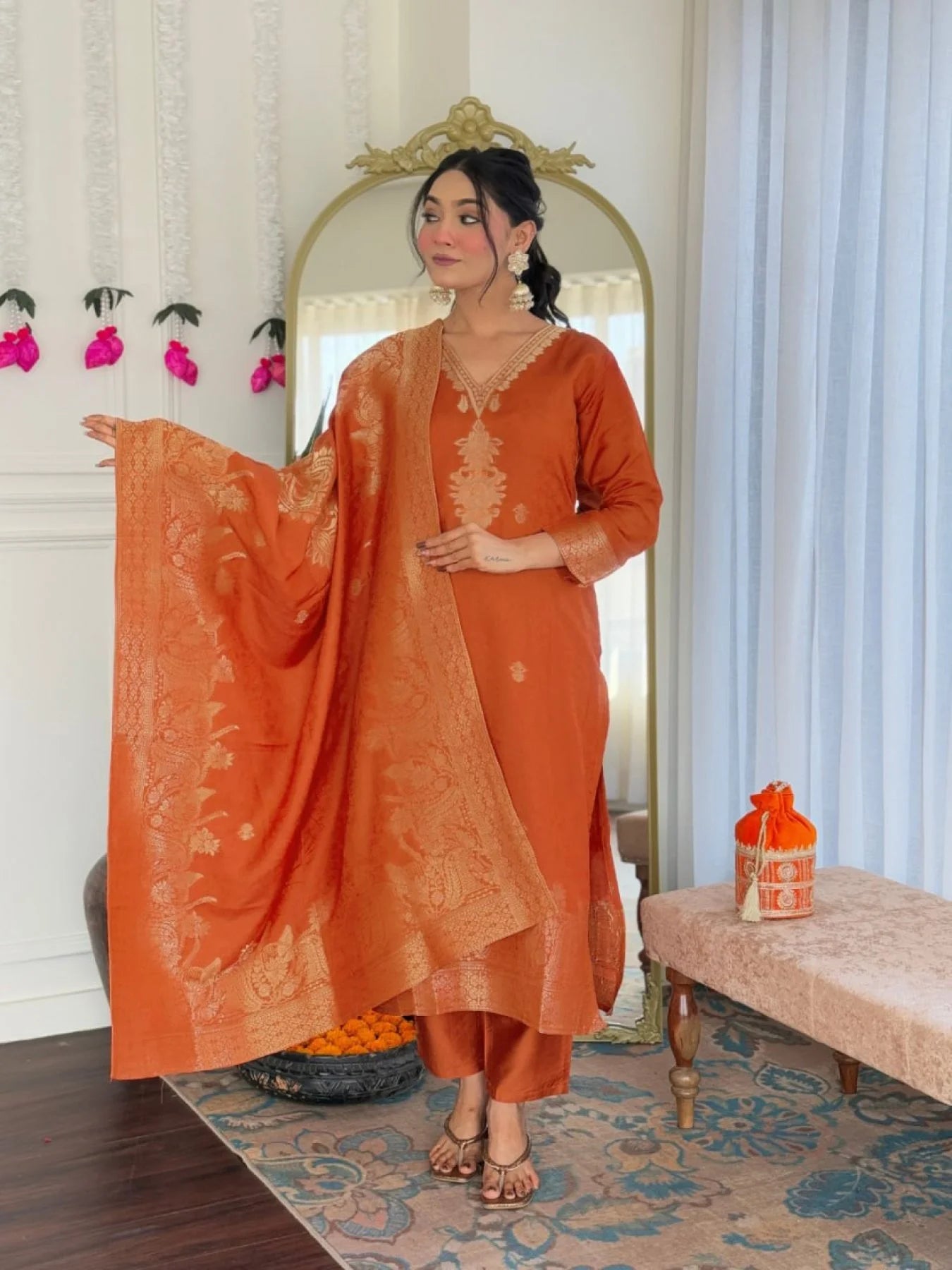 Orange Viscose Jacquard Embroidered Kurti Set with Chanderi Bottom & Dupatta 3-Piece Party/Wedding Wear Suit at Best Price