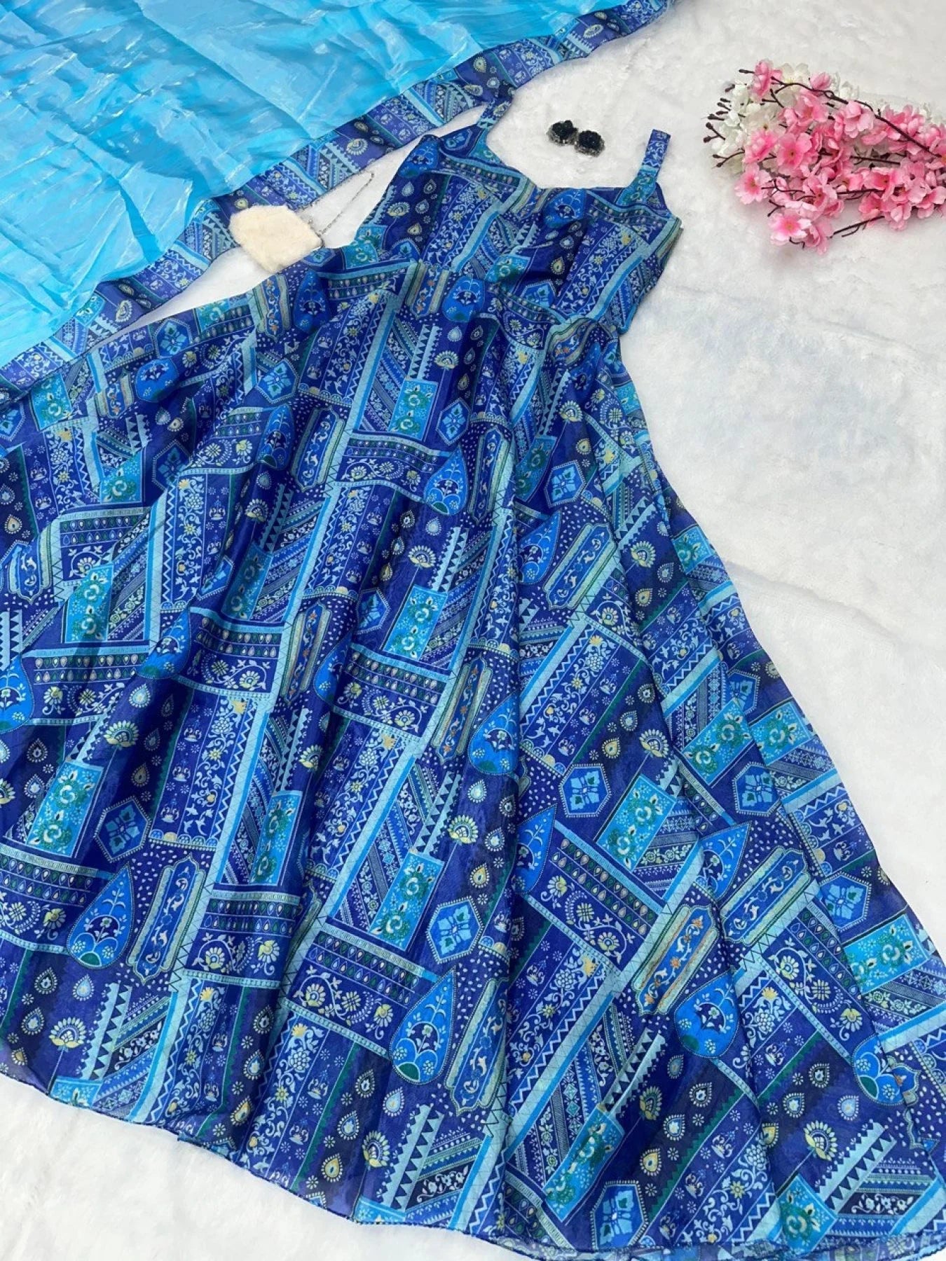 Pure Jimmy Blue Color Organza silk digital Printed Padded Gown in with Duppta