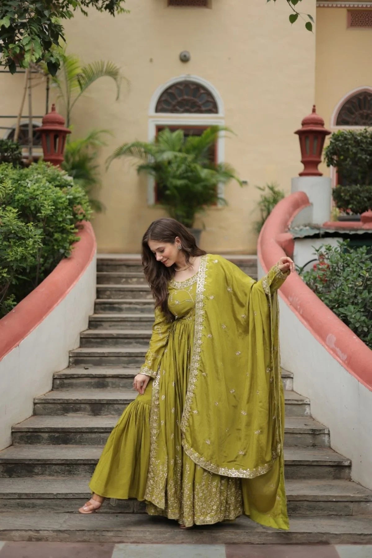 Stunning Parrot Color Chinon Designer Embroidered Salwar Suit
