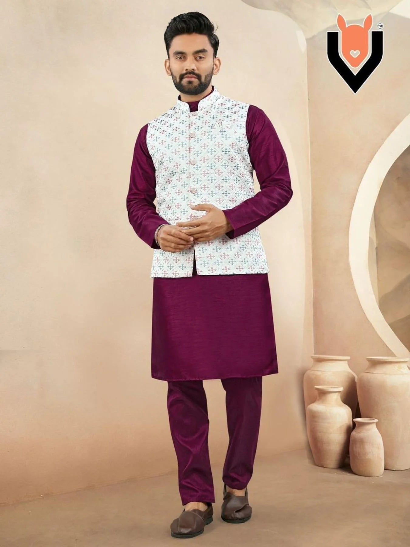 Full Set Mens Kurta Pajama with Heavy Silk Koti Ready-to-Wear Ethnic Outfit from New Collection at Affordable Price