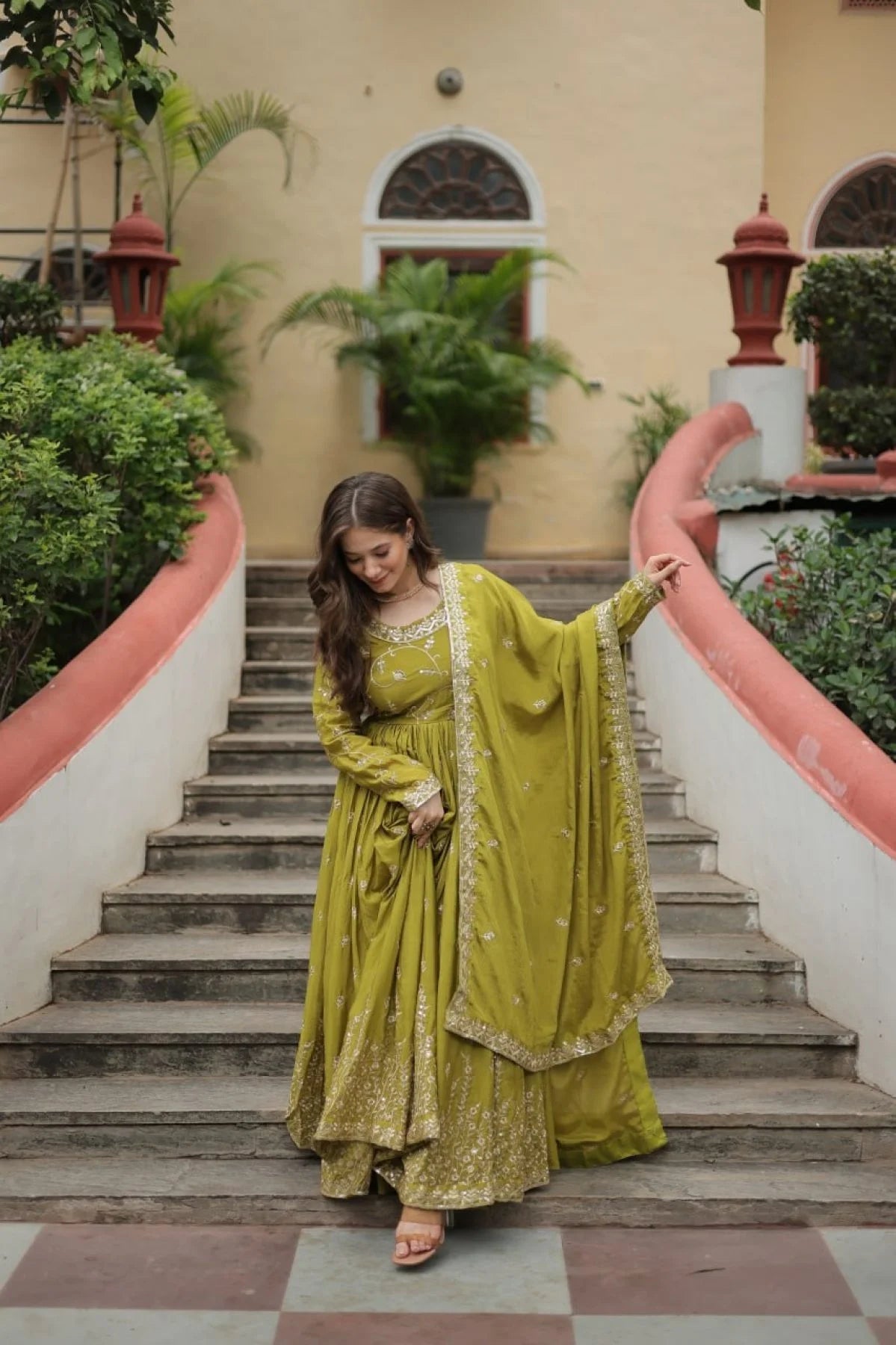 Stunning Parrot Color Chinon Designer Embroidered Salwar Suit