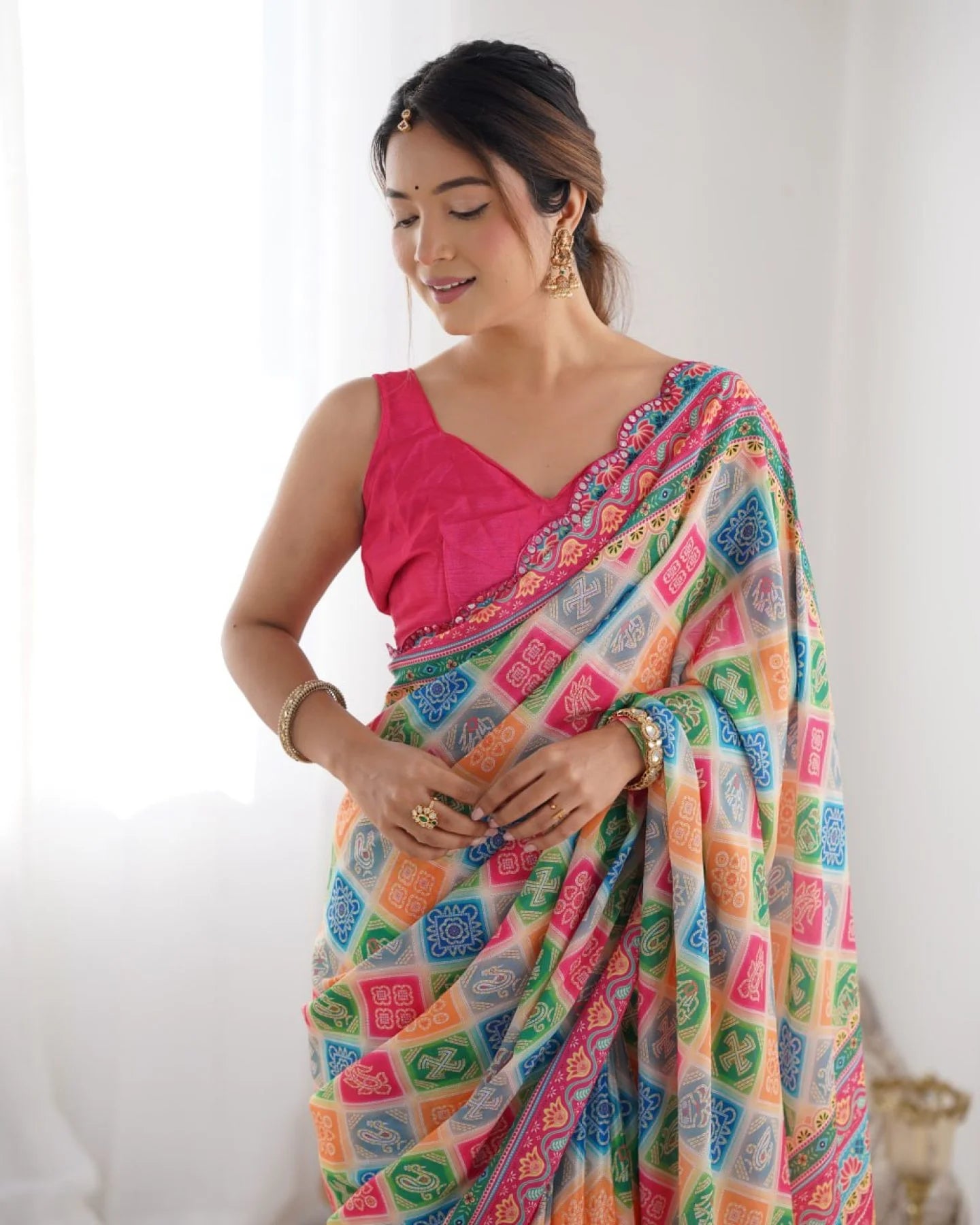 Multi-Color Printed Chinon Saree with Designer Mirror Lace Surat-Based Supplier Buy Now at Best Price