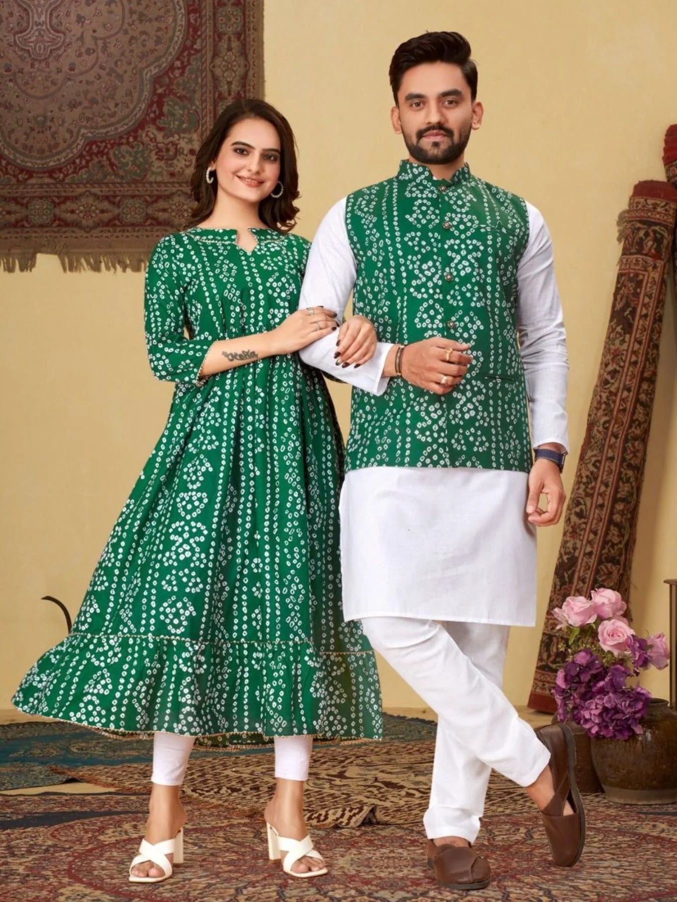 Festivals And Special Occasions Couple Combo Bandhni Print