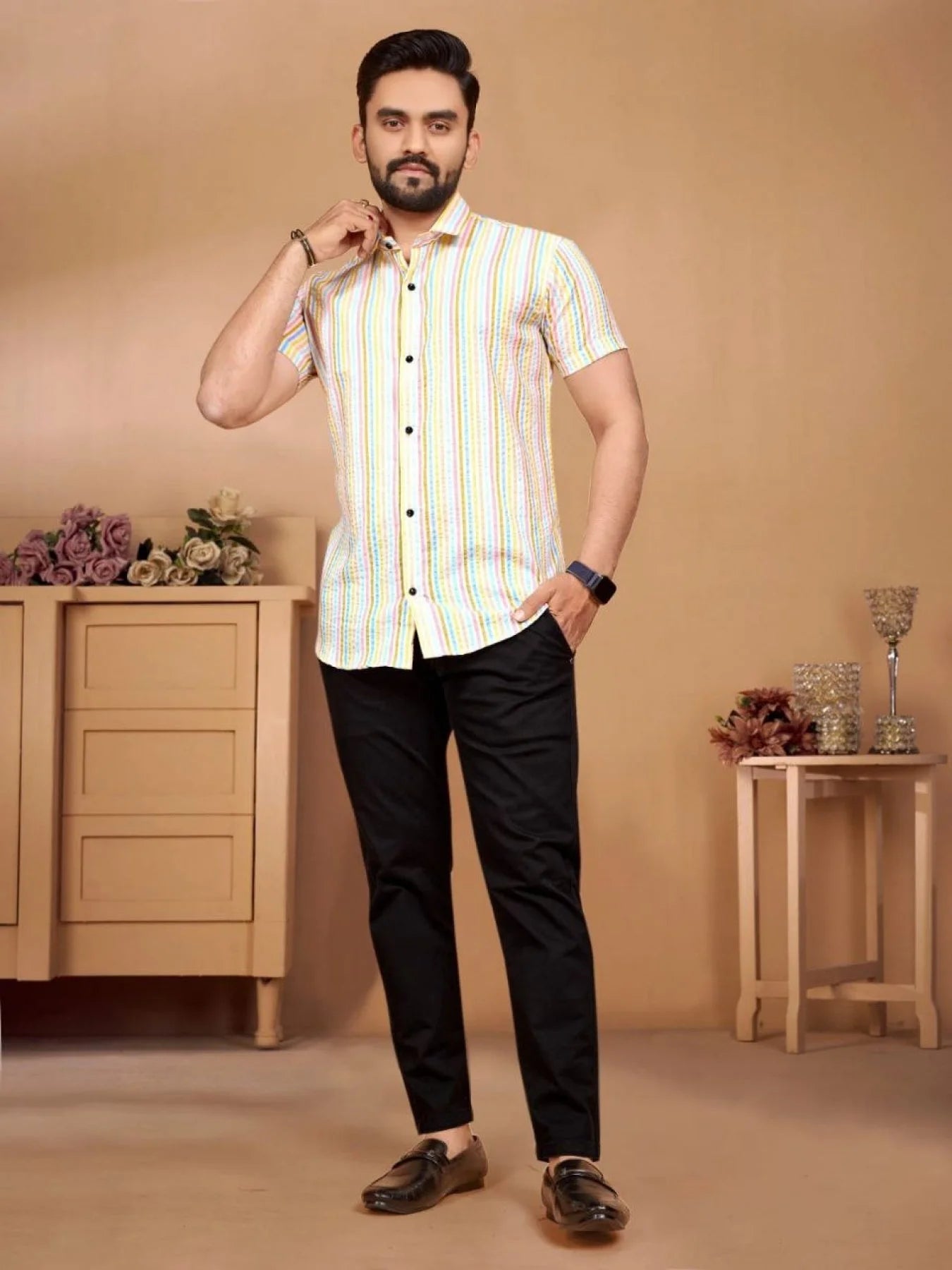 Festival Couple Combo Shirt and Tunic With Beautiful Color and Cotton Bubble Pattern Weaving