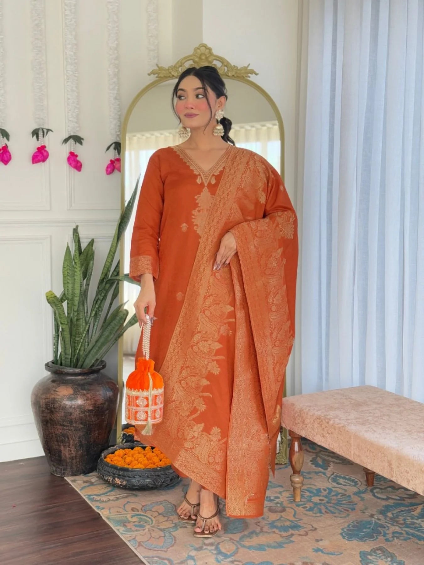 Orange Viscose Jacquard Embroidered Kurti Set with Chanderi Bottom & Dupatta 3-Piece Party/Wedding Wear Suit at Best Price