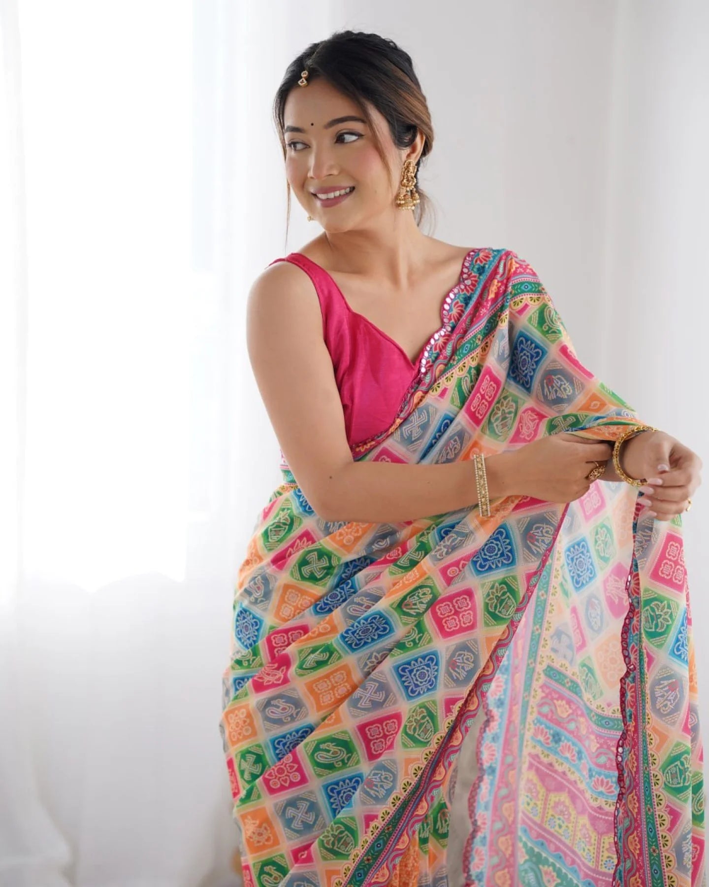 Multi-Color Printed Chinon Saree with Designer Mirror Lace Surat-Based Supplier Buy Now at Best Price