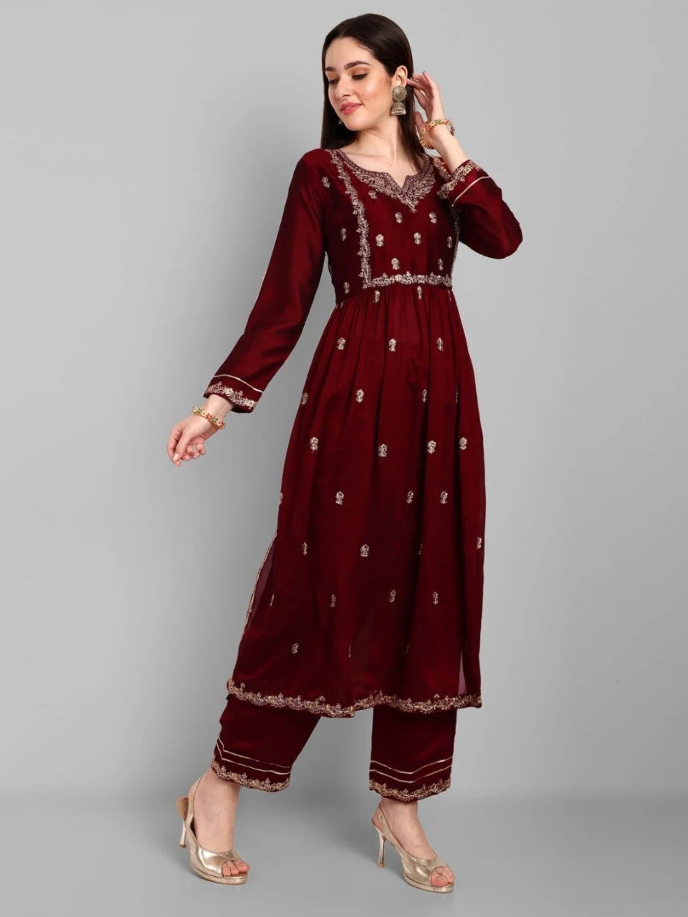 Perfect Women Vichitra Silk Embroidery Kurti Pant Set