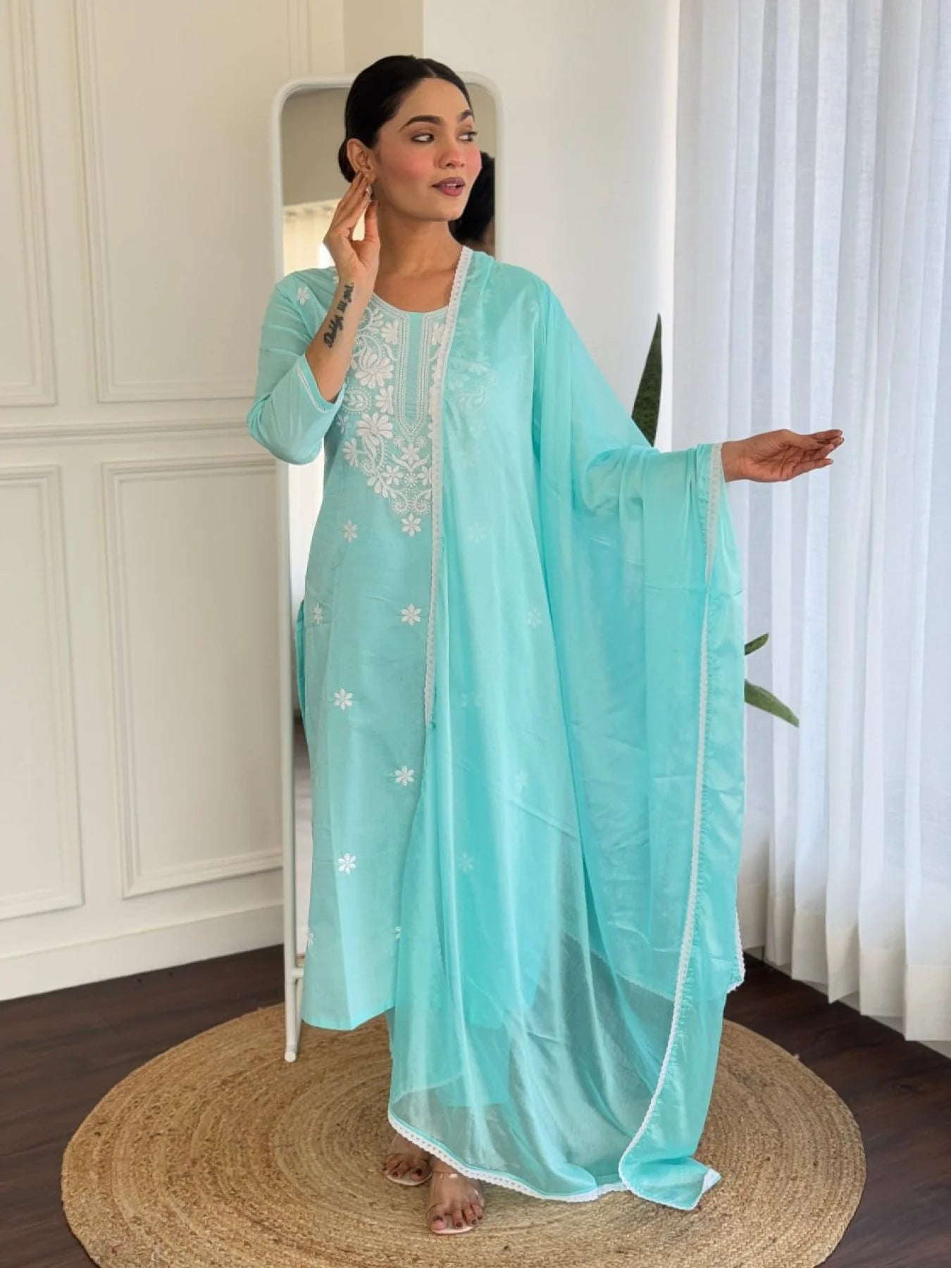 Daily Wear Cotton Kurti Pant Set with Embroidered , Chinnon Dupatta Ready to Wear 3 Piece Suit for Women Wholesale Price