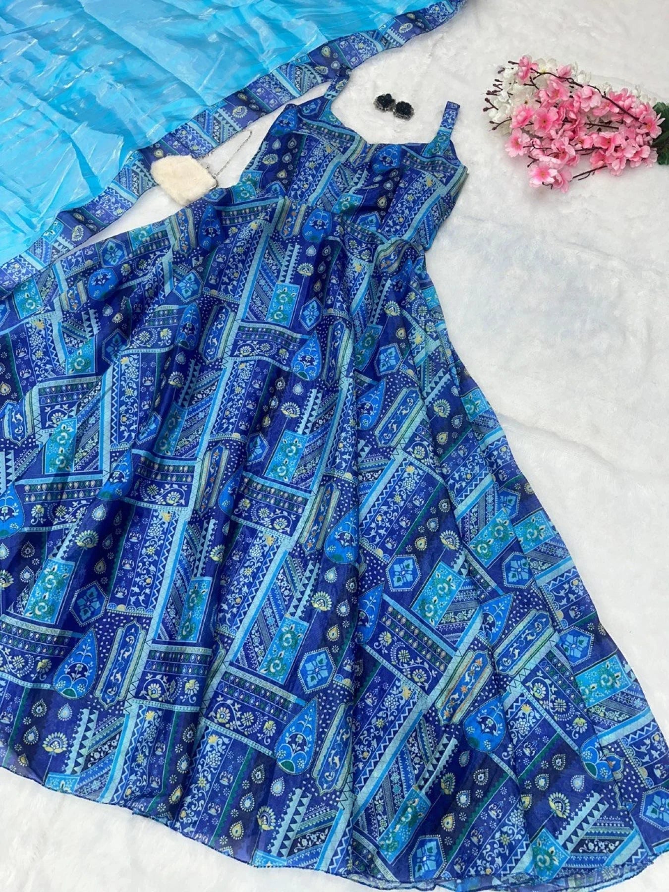 Pure Jimmy Blue Color Organza silk digital Printed Padded Gown in with Duppta