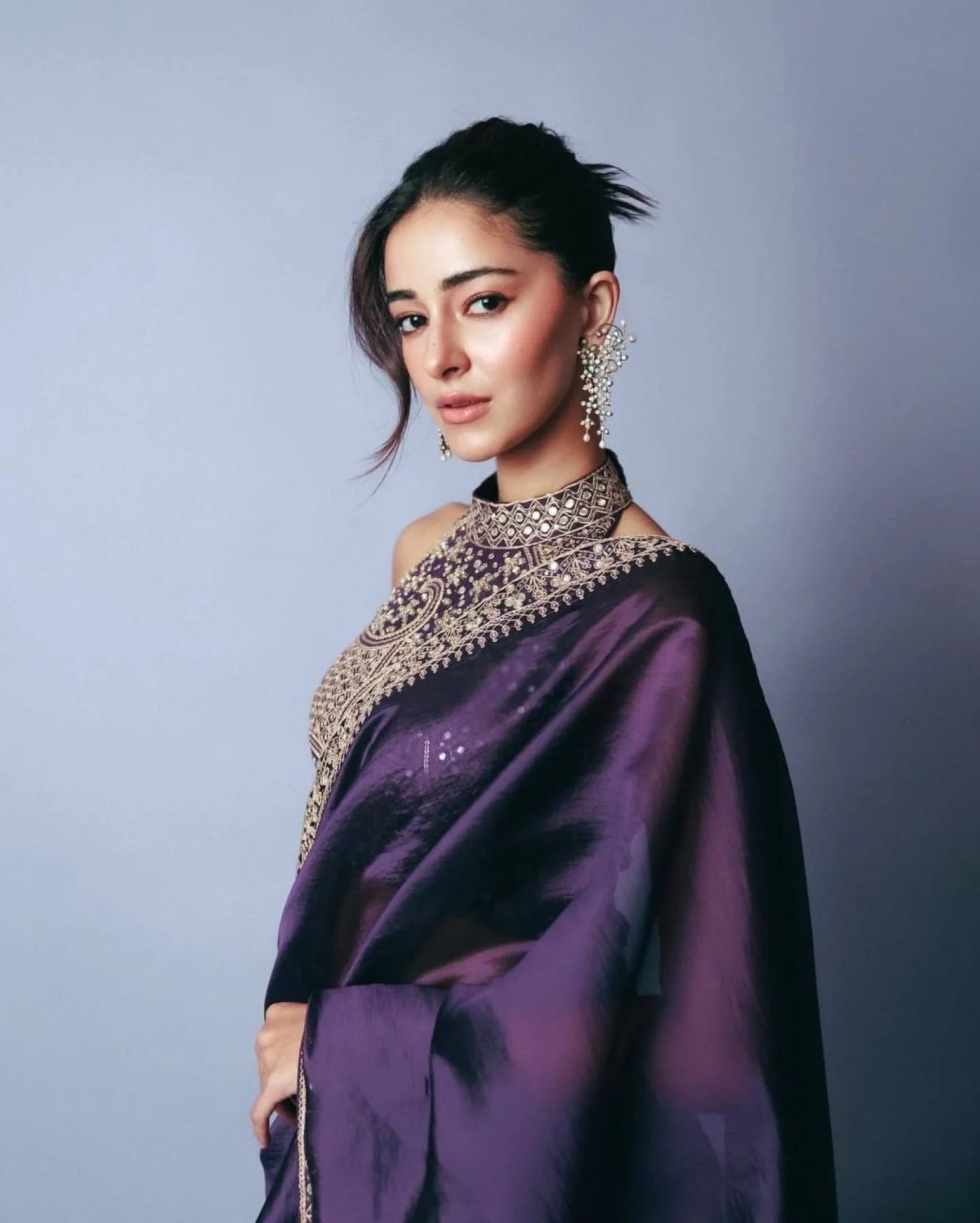 ananya Bollywood Celebrity Purple Saree Partywear in Jimmi Choo Fabric with Starry Sequins Wholesale Price