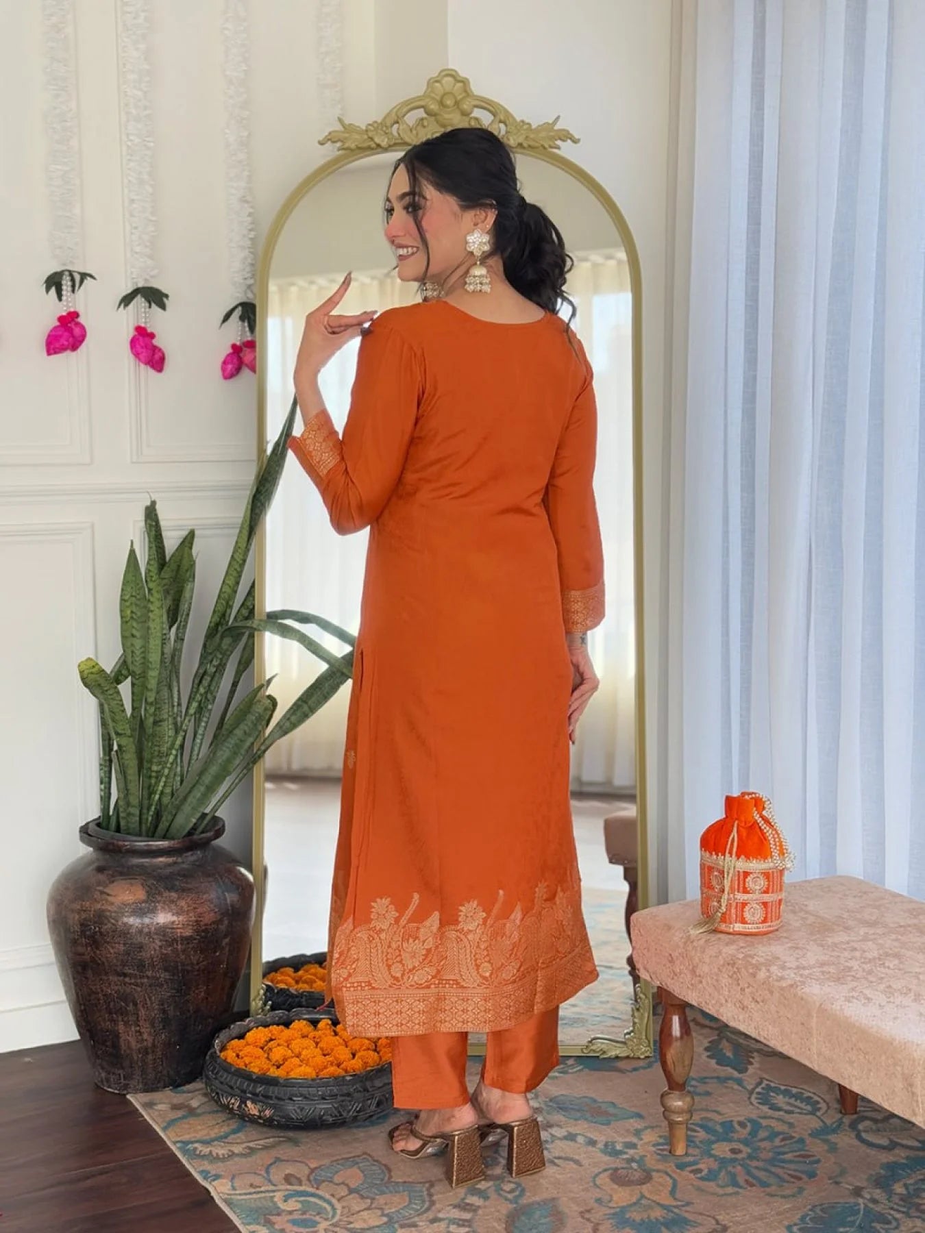 Orange Viscose Jacquard Embroidered Kurti Set with Chanderi Bottom & Dupatta 3-Piece Party/Wedding Wear Suit at Best Price