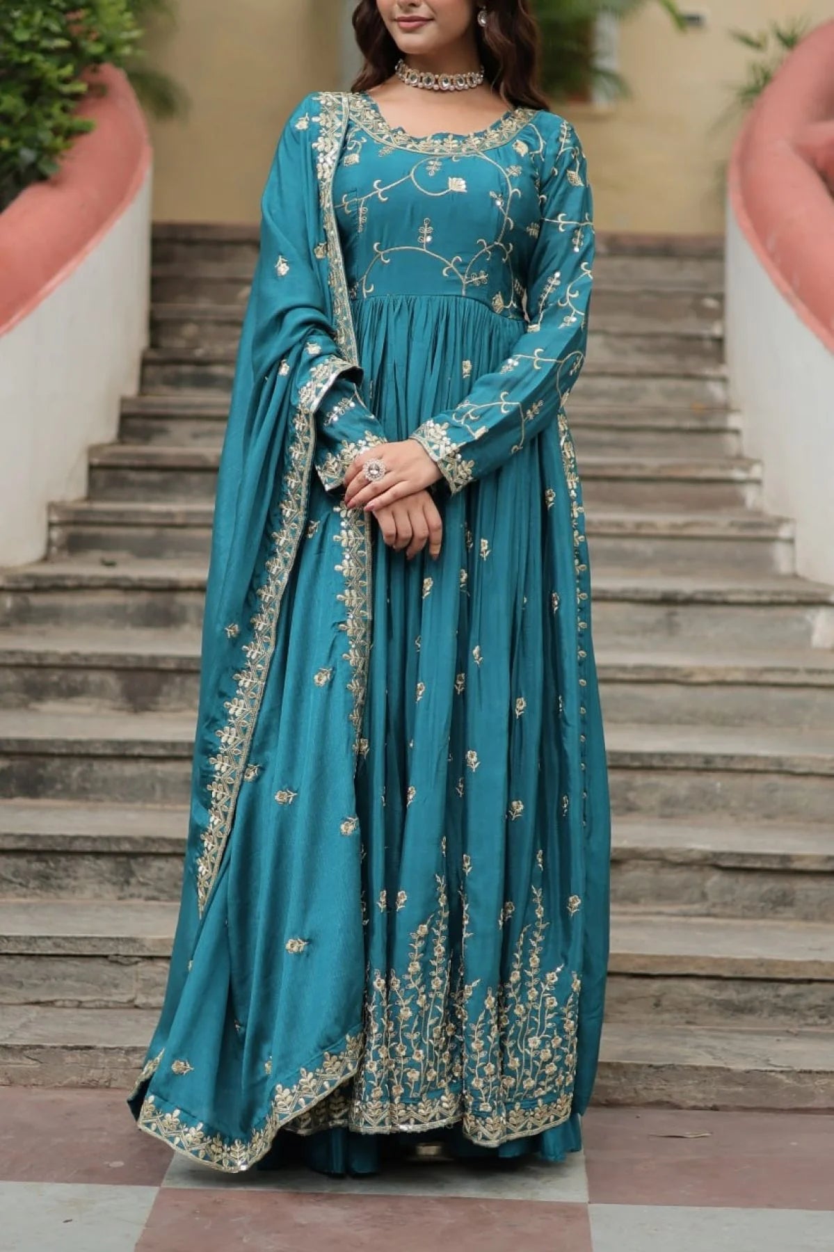 Stunning Rama Color Chinon Designer Embroidered Salwar Suit
