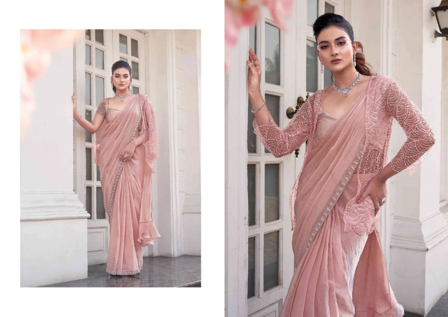 Elegantly Crafted Heavy Beadwork Satin Silk Ombre Saree with Designer Jacket for Weddings Parties