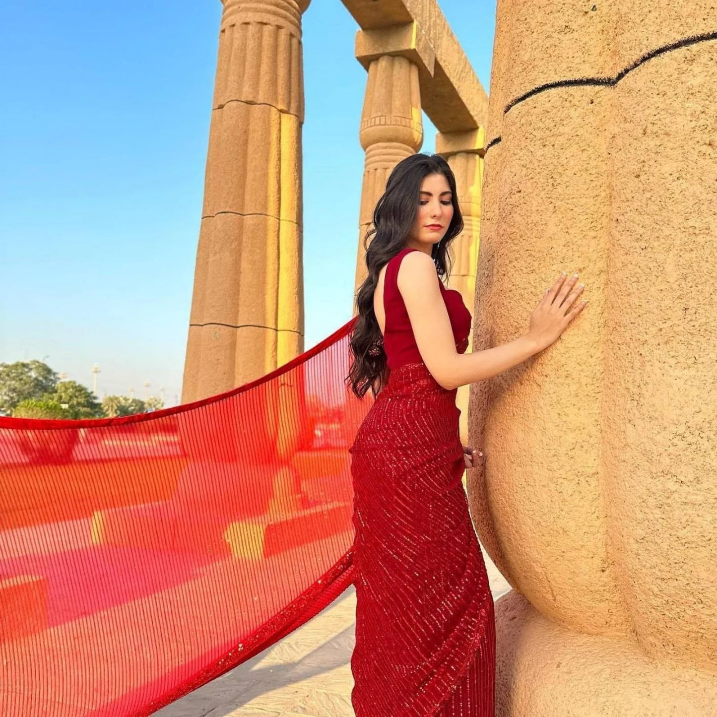 Radiant Red Soft Georgette Saree with Heavy Sequence Work For Partywear