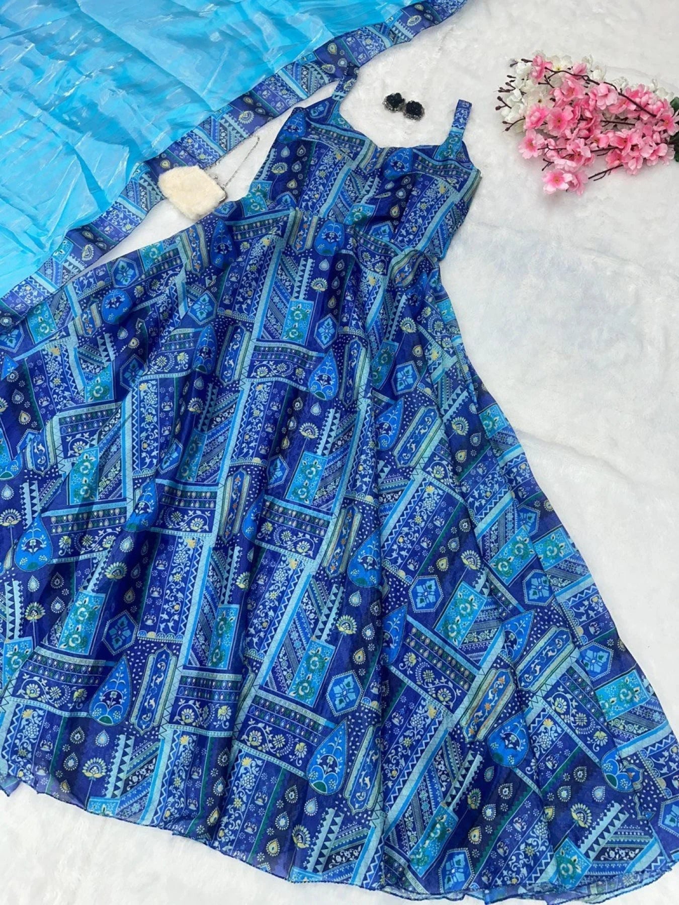 Pure Jimmy Blue Color Organza silk digital Printed Padded Gown in with Duppta