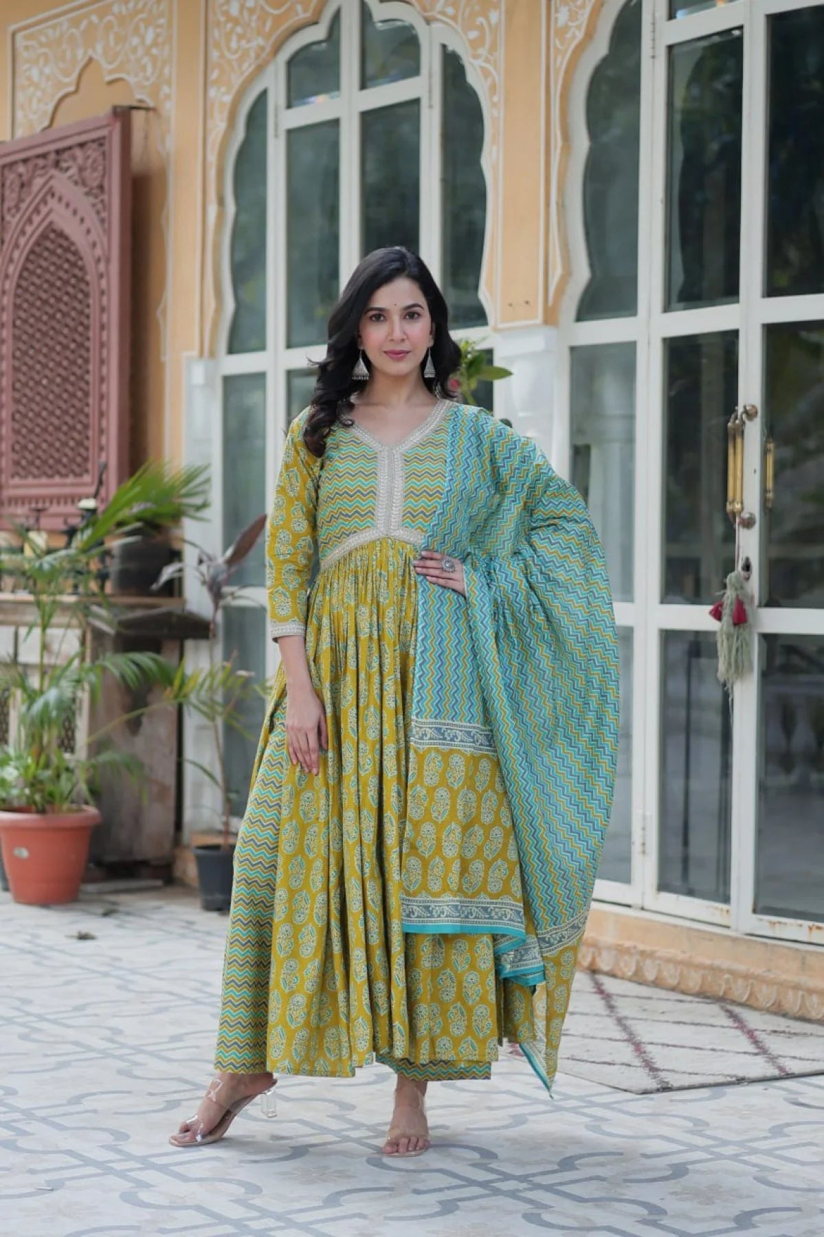 Fancy V-Neck Pure Cotton 3PC Suit Set Readymade Kurta, Pant & Dupatta Summer Wear for Women at Best Wholesale Price