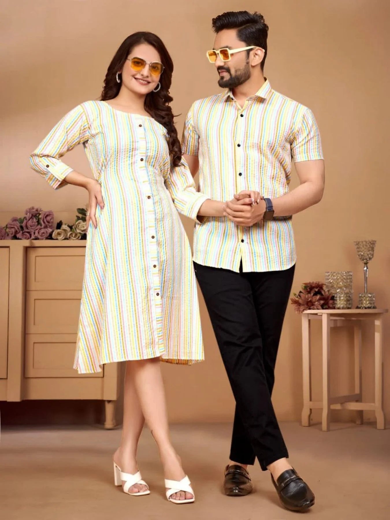 Festival Couple Combo Shirt and Tunic With Beautiful Color and Cotton Bubble Pattern Weaving