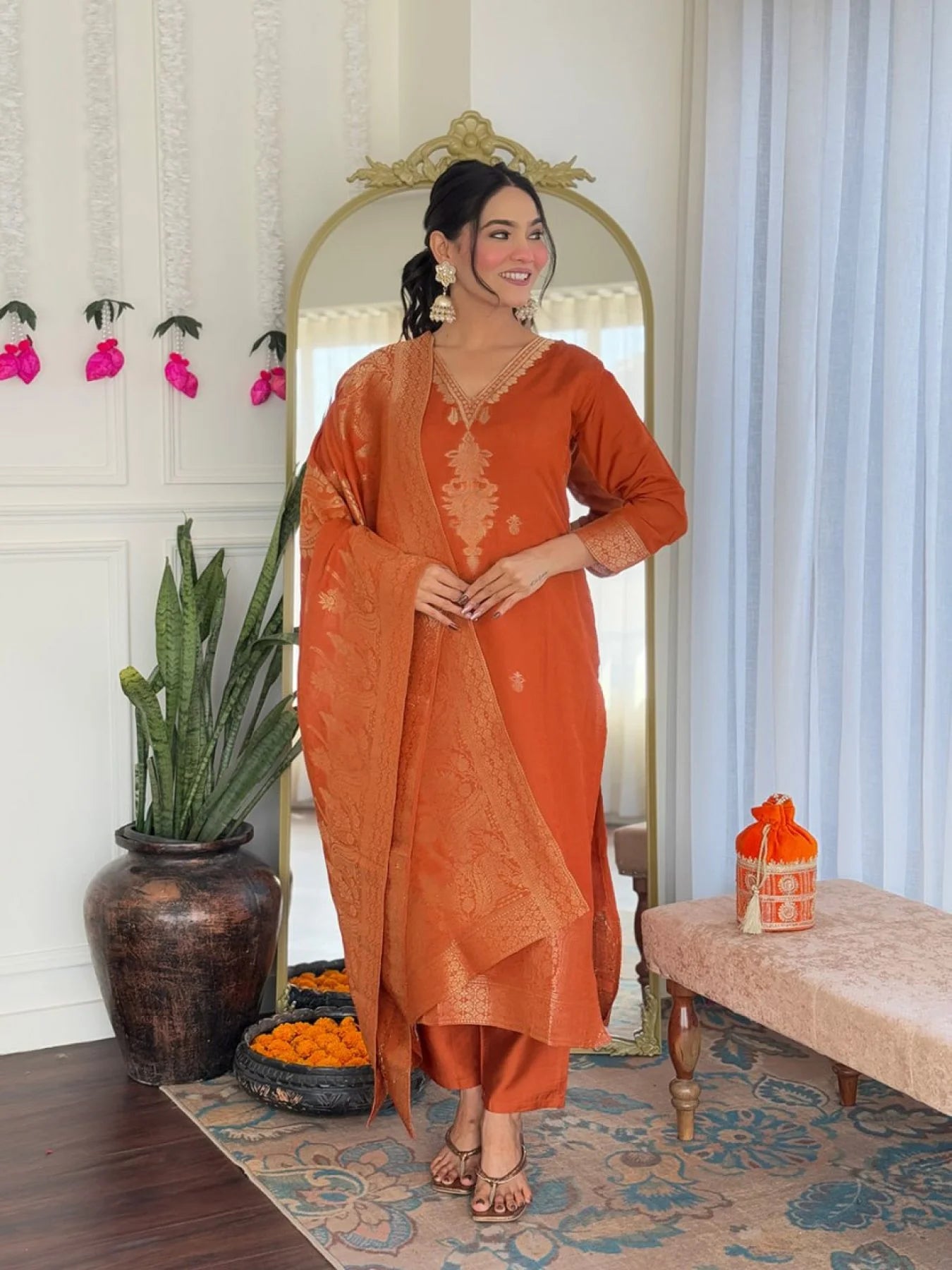 Orange Viscose Jacquard Embroidered Kurti Set with Chanderi Bottom & Dupatta 3-Piece Party/Wedding Wear Suit at Best Price